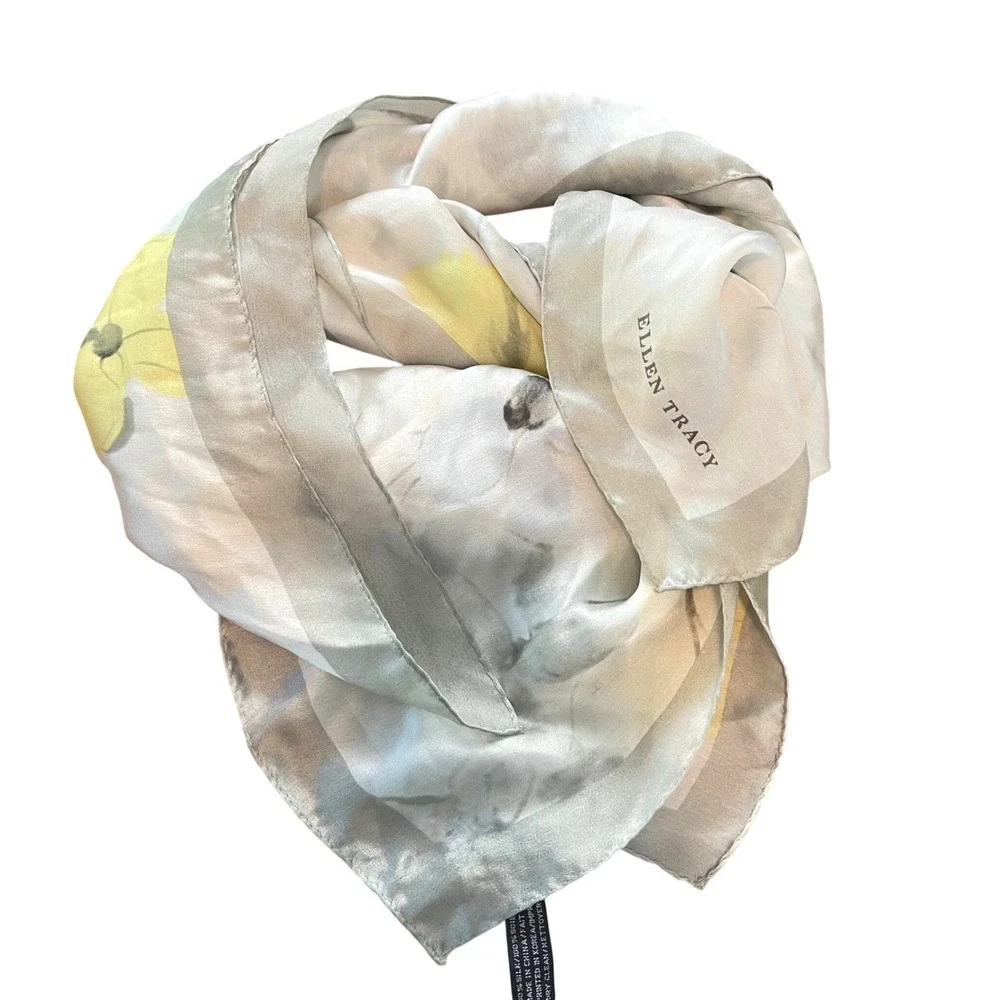 Ellen Tracy Scarf Women Gray Floral Watercolor 100% Silk Square Elegant Classic
